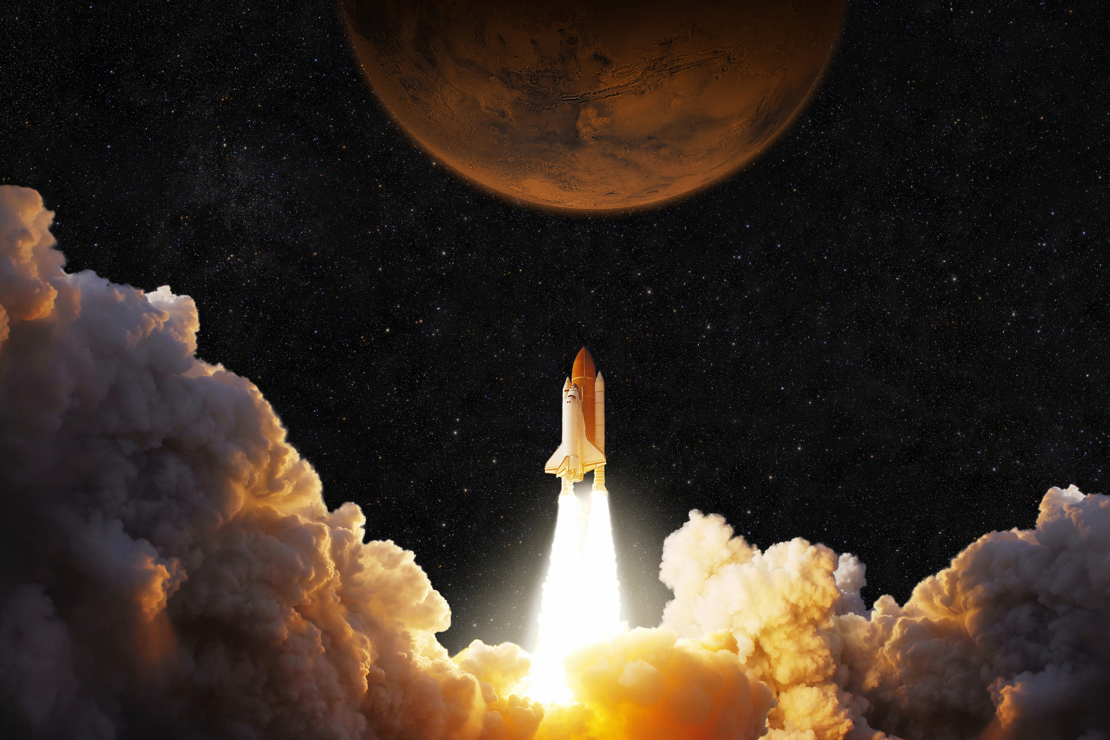 Spacecraft Takes off into Space. Rocket Flies to Mars. Red Plane